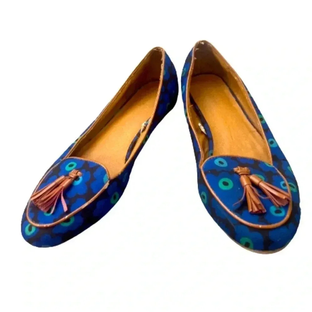 MERONA LOAFER FLAT FLOWER‎ PRINT SHOES BLUE AND TAN FAUX LEATHER TRIM SIZE 8